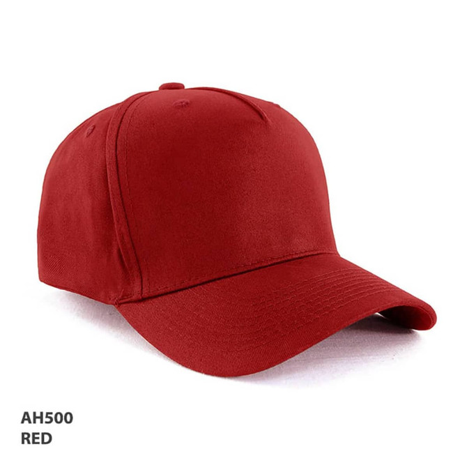 A red 5-panel cap made from 100% cotton, featuring a logo on the front.