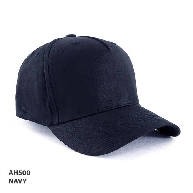 A navy 5-panel cap made of 100% cotton, featuring a solid design and a logo on the front.