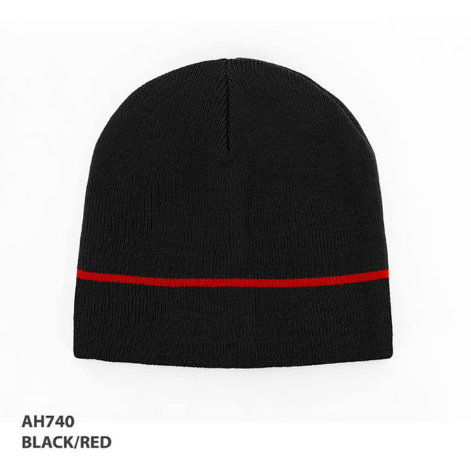 Acrylic beanie in black with a red stripe, featuring a logo.