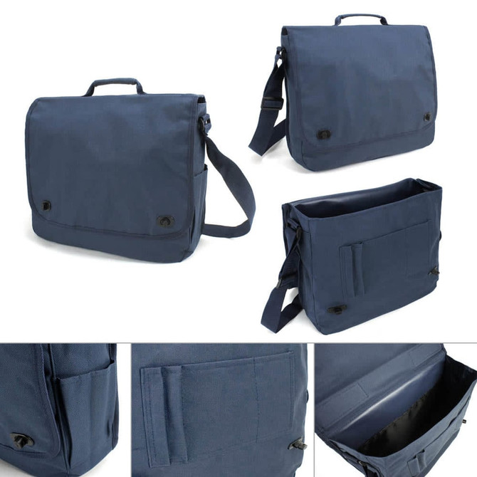 A navy blue laptop bag with a shoulder strap, featuring a main compartment and exterior pockets. Includes branding.