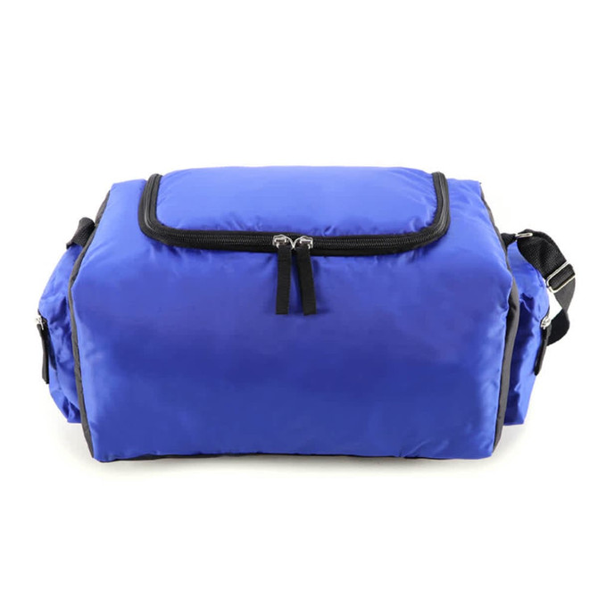 A large blue cooler bag with zip closure and handles, featuring side pockets and a logo.