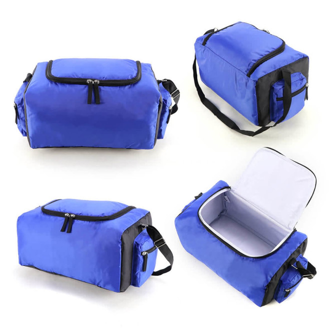 A blue cooler bag features a zippered opening, black accents, and an interior compartment for storage. It has a logo.
