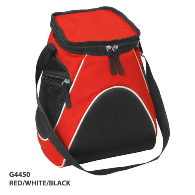 A red, white, and black cooler bag with a zippered top and adjustable shoulder strap. It features mesh side pockets and a logo.