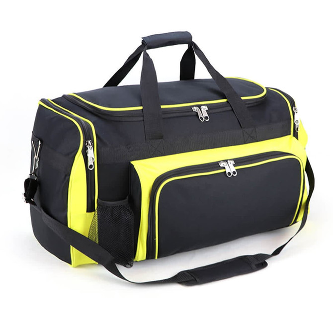 A black and neon yellow duffle bag with zippers and a mesh pocket, featuring handles and a shoulder strap.