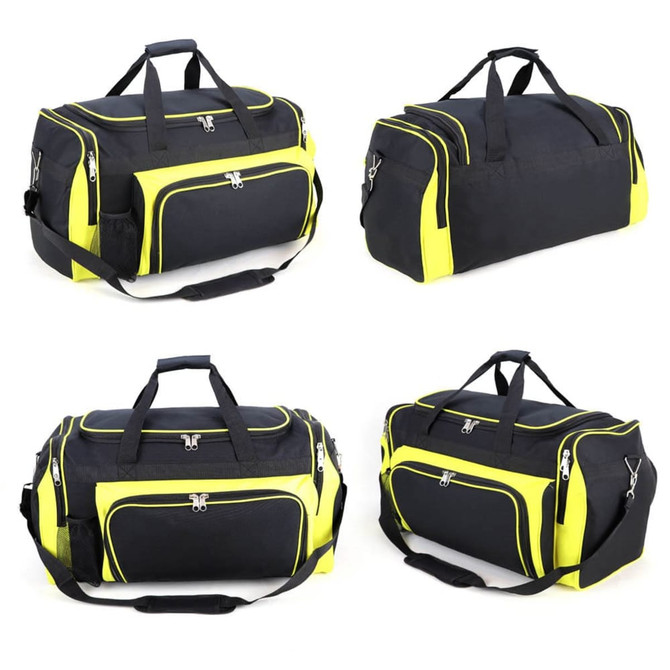 A black duffle bag with fluorescent yellow accents, featuring multiple compartments and handles, along with a shoulder strap.