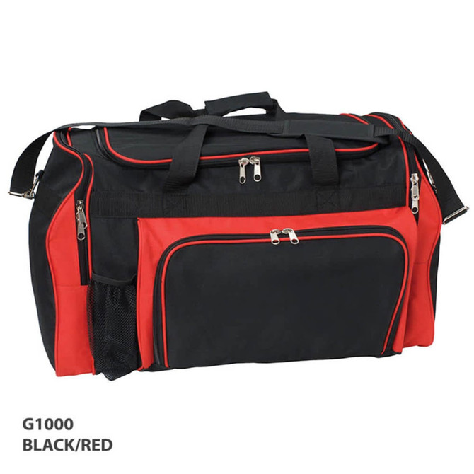 A black and red duffle bag with multiple zippered pockets and a mesh side pocket, featuring a logo.