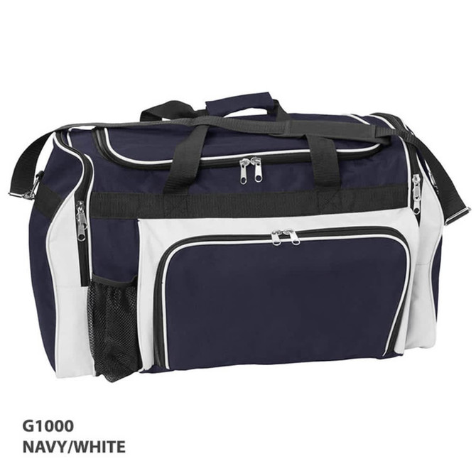 A duffle bag in navy and white with multiple zippered compartments and a mesh pocket. It features a logo.