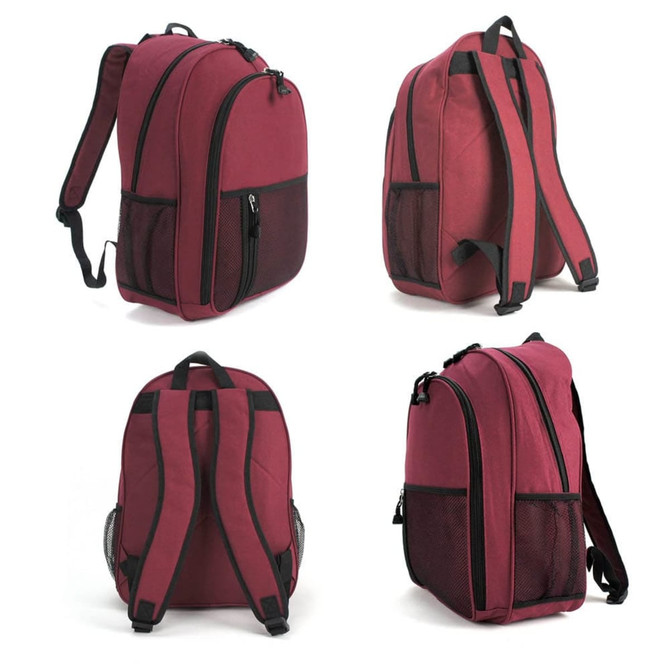 A burgundy casual backpack featuring multiple compartments and mesh side pockets. It has padded shoulder straps and a logo.