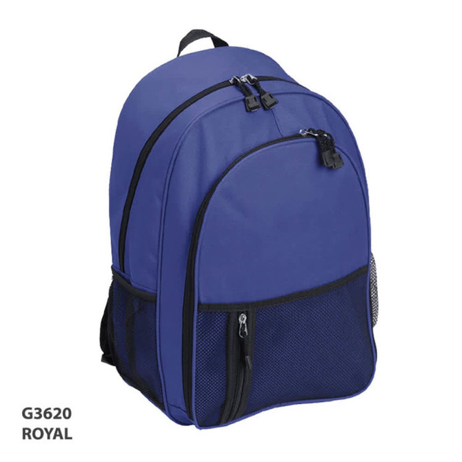 A royal blue backpack with black mesh side pockets and zippers, featuring a branded logo.