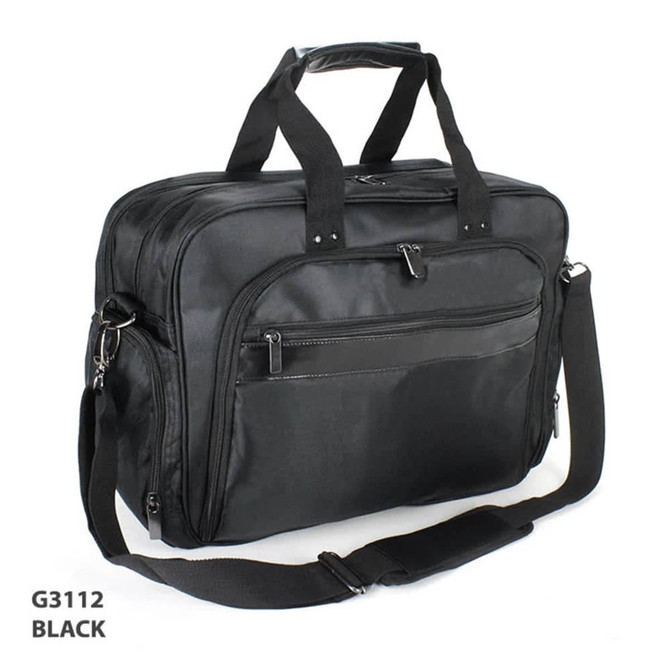 A black business bag with handles and a detachable shoulder strap, featuring multiple compartments and a logo.
