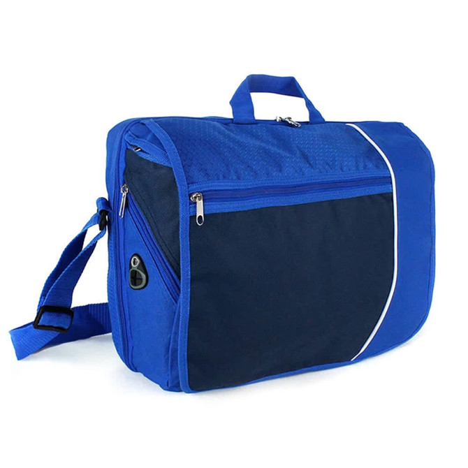 A blue and navy laptop bag with a shoulder strap and a zippered front pocket. It features a logo on the side.