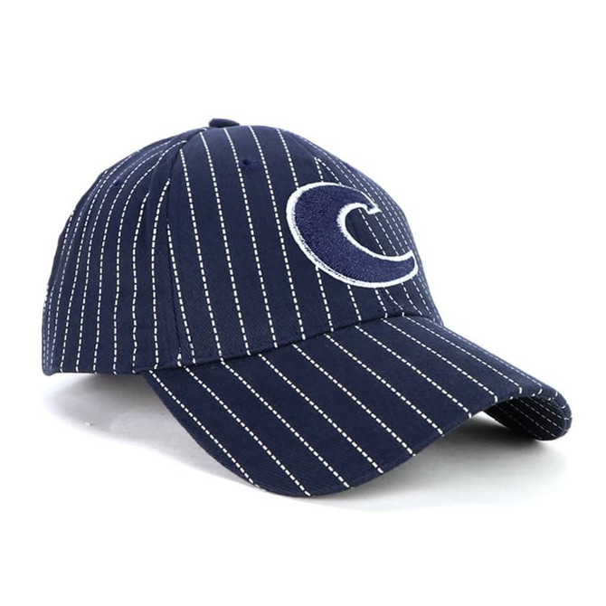 A navy blue cap with white pinstripes and a logo on the front.