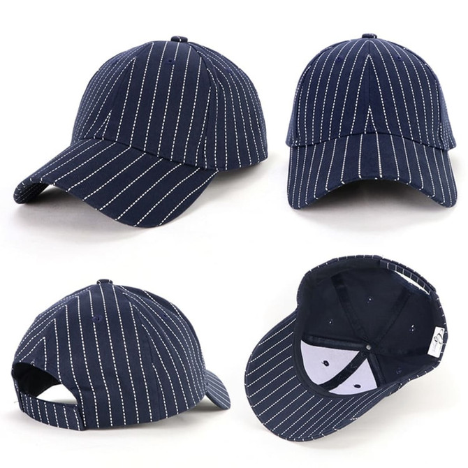 A navy blue cap featuring a pinstripe design and a logo, displayed from multiple angles.