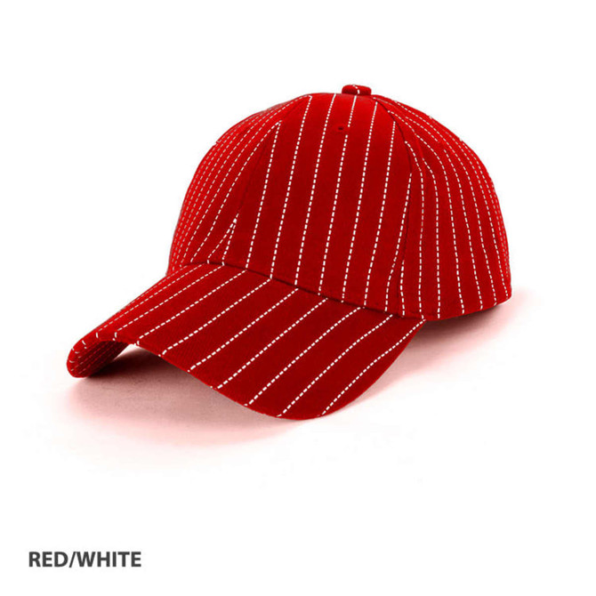 A red and white striped cap with a curved brim and a logo on the front.