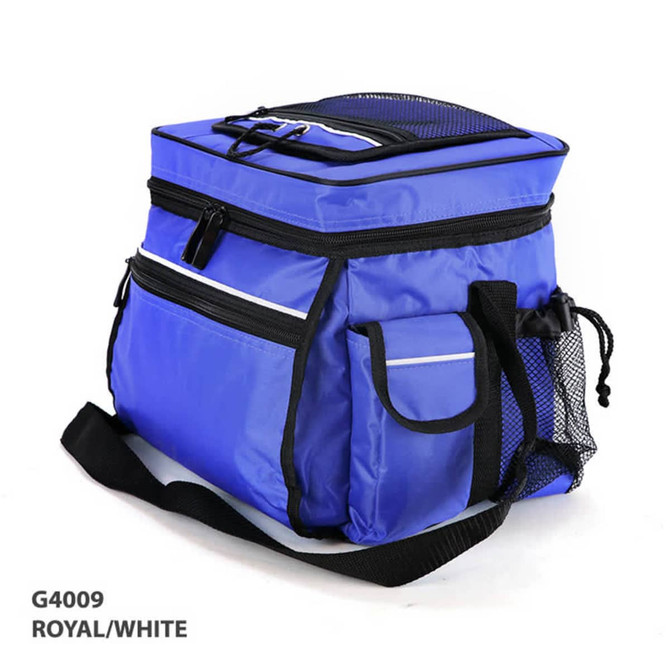 A blue and white cooler bag with multiple pockets and a mesh side pocket, featuring a shoulder strap and a top handle.