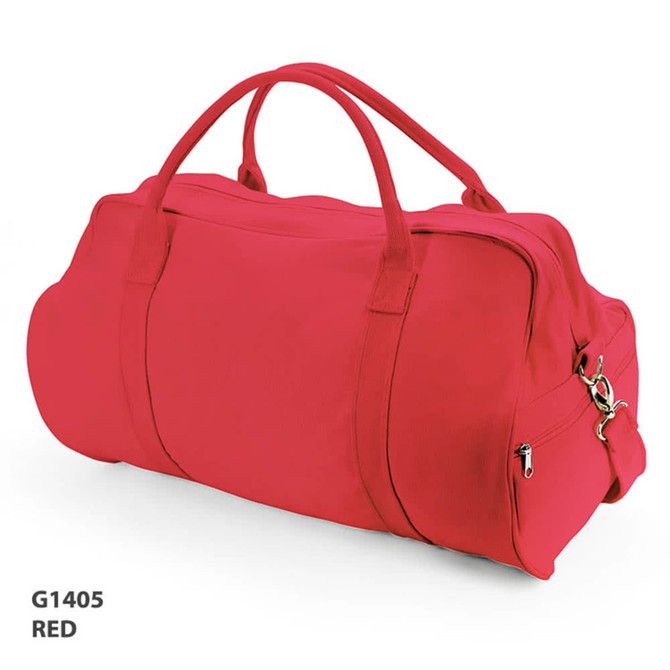 A red duffle bag with dual handles and a zippered compartment, featuring a logo.