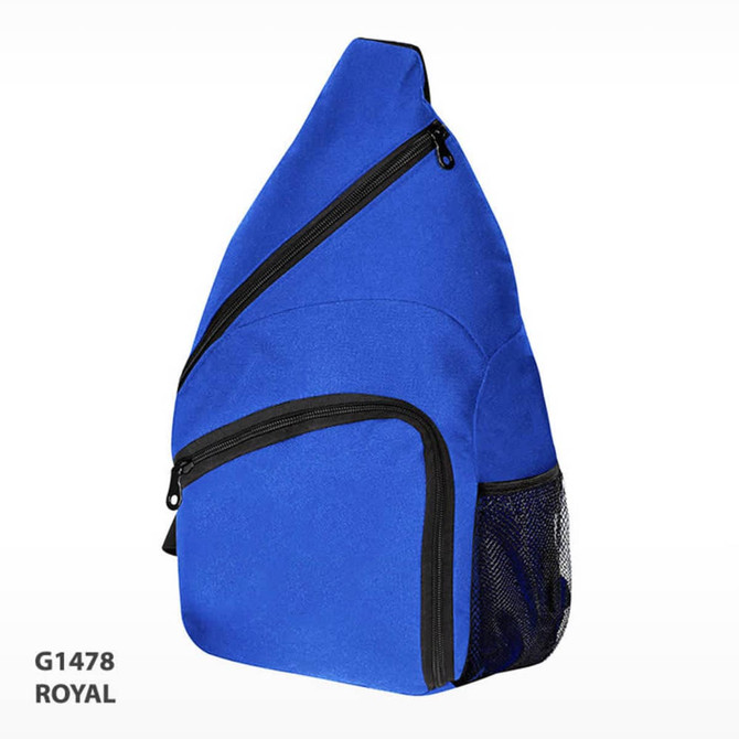 A royal blue slingpack with zippers and a mesh side pocket, featuring a solid design and branding.