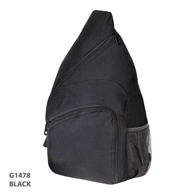 A black slingpack with multiple zippered compartments and a mesh side pocket. It has a logo on the front.