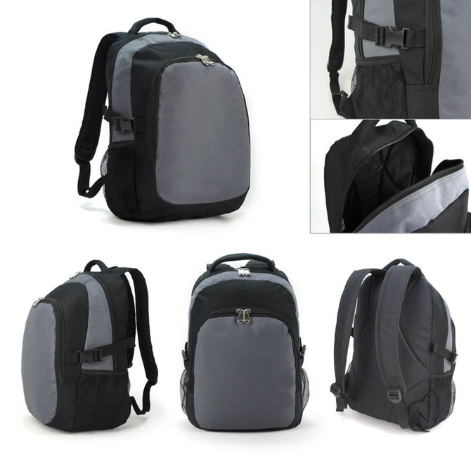 A grey and black backpack featuring multiple compartments and side mesh pockets. It has adjustable straps and a logo.