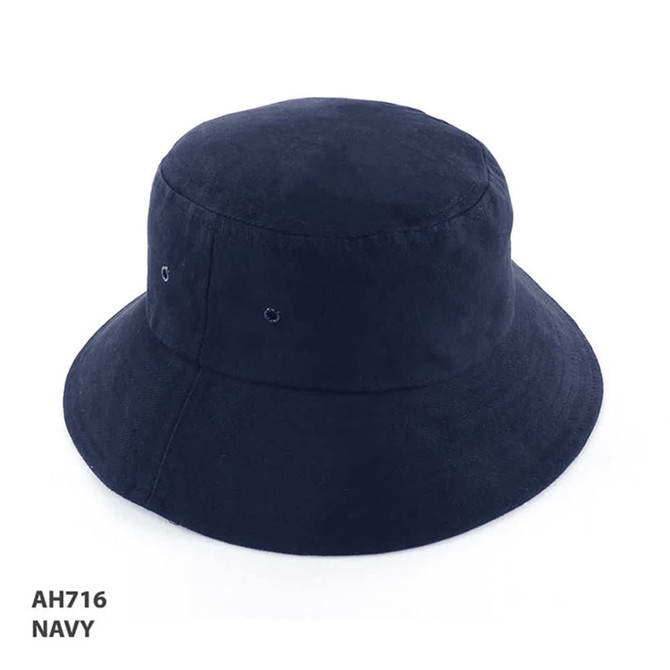 A navy blue kids bucket hat with a wide brim and ventilation eyelets, featuring a branding logo.