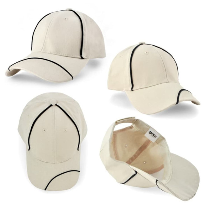 A beige cap with black piping accents, featuring a curved brim and an adjustable strap at the back.