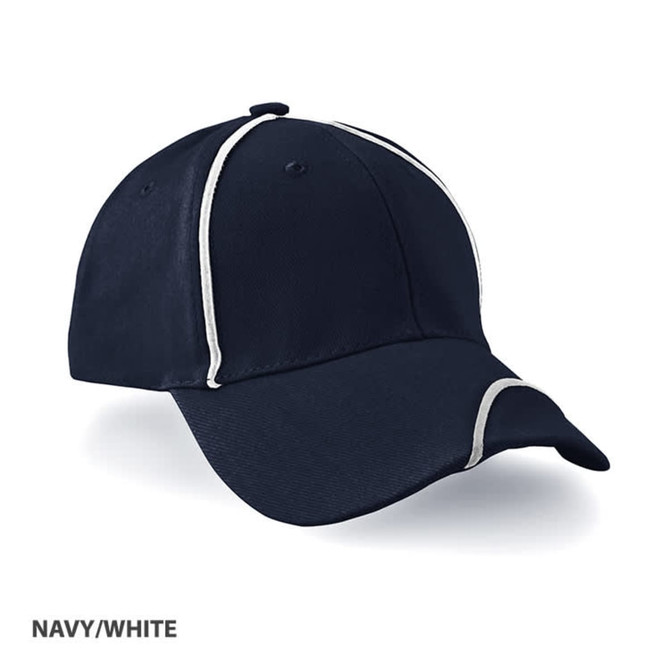 A navy and white cap with a curved brim and contrasting piping, featuring a logo on the front.