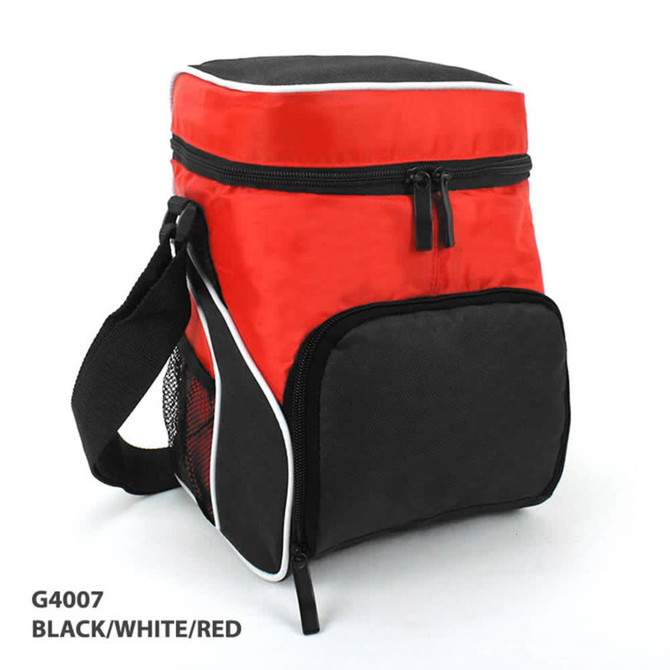 A red cooler bag with black accents, featuring a zippered compartment and adjustable shoulder strap. It has a mesh pocket on the side.