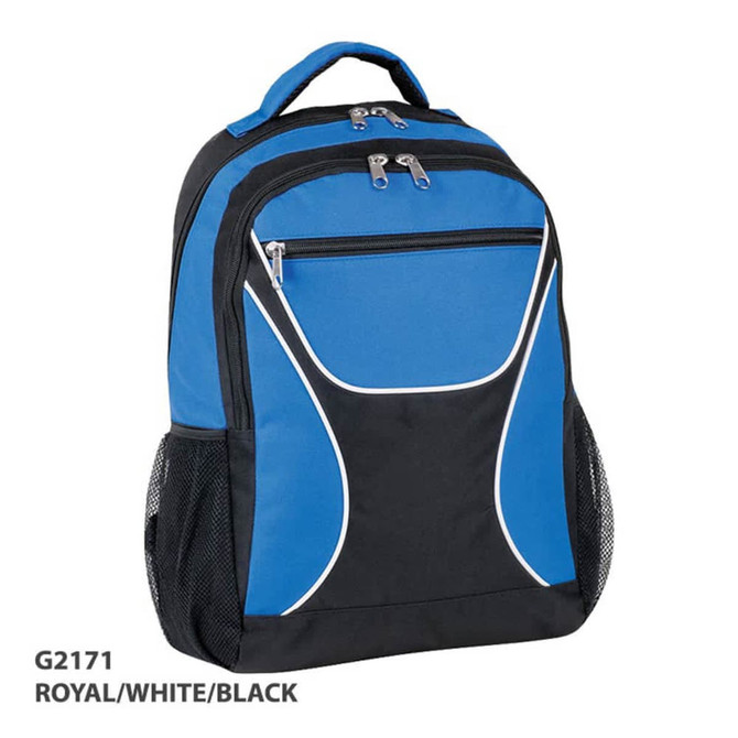 A blue, white, and black backpack features multiple compartments and mesh side pockets. It has a logo on it.