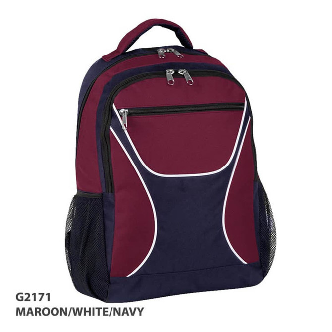A maroon, white, and navy backpack with zippered compartments and mesh side pockets. It features a logo design.
