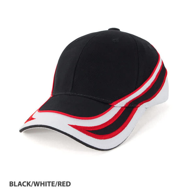 A black, white, and red cap with a stylish design and a logo on the front.
