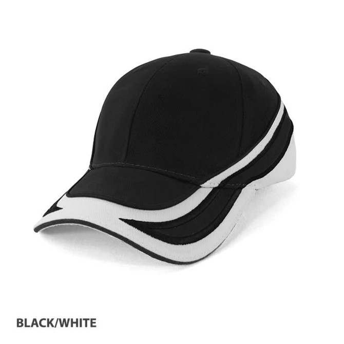 A black and white cap with a curved peak and a logo, featuring a sporty design.