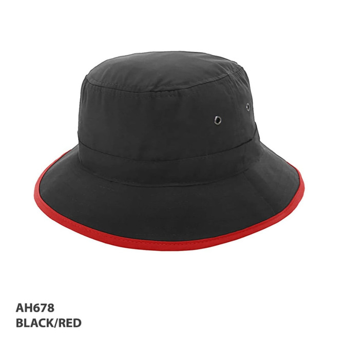A black and red microfibre bucket hat featuring ventilation eyelets and a branded logo.