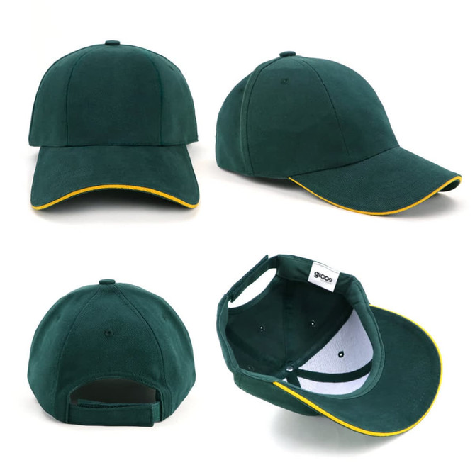 A green cap with a yellow trim featuring a logo, showing multiple angles including inside view.