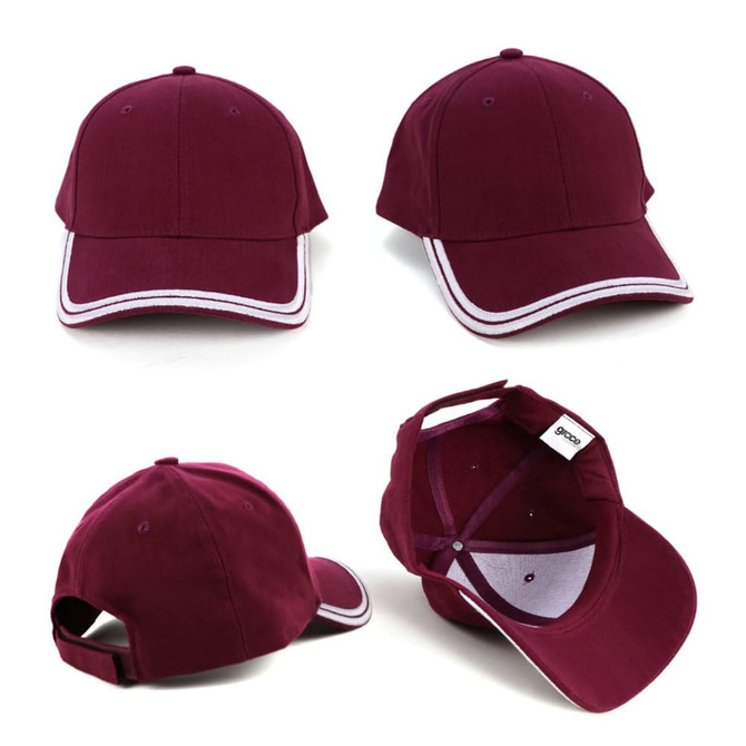 A maroon cap with double white piping, featuring a curved brim and an adjustable strap at the back. It has a logo.