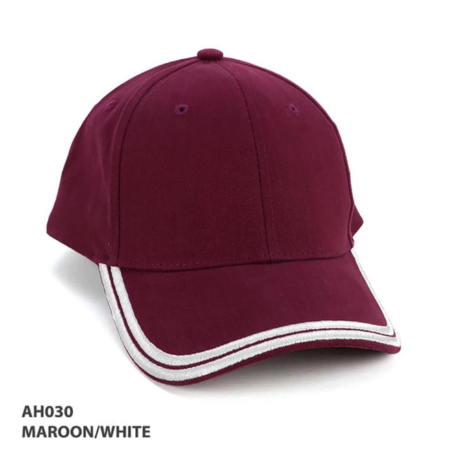A maroon cap with white double piping and a curved brim, featuring a logo on the front.