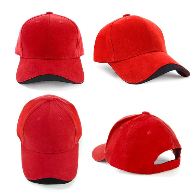 A red cap with a black peak and an adjustable strap at the back, featuring a logo.