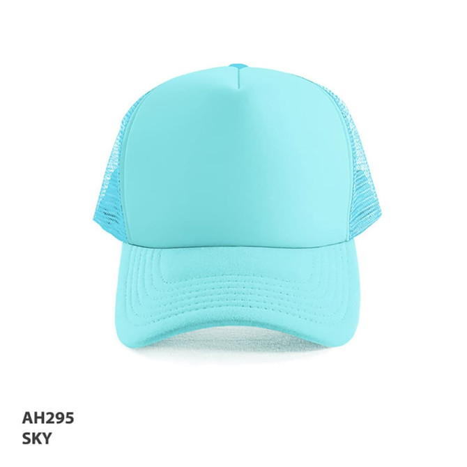 A sky blue Polymesh Trucker Cap with a mesh back and a solid front panel, featuring a logo.