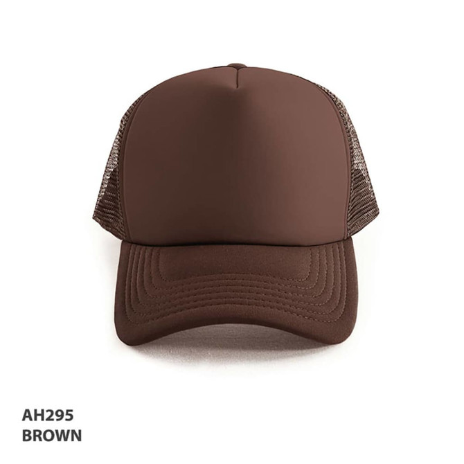 A brown Polymesh Trucker Cap featuring a solid front and mesh sides, with a logo on the front.
