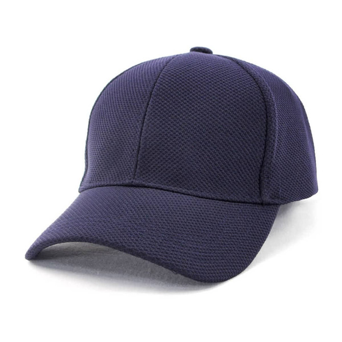 A navy fitted cap with a mesh design and a curved brim, featuring a logo on the front.