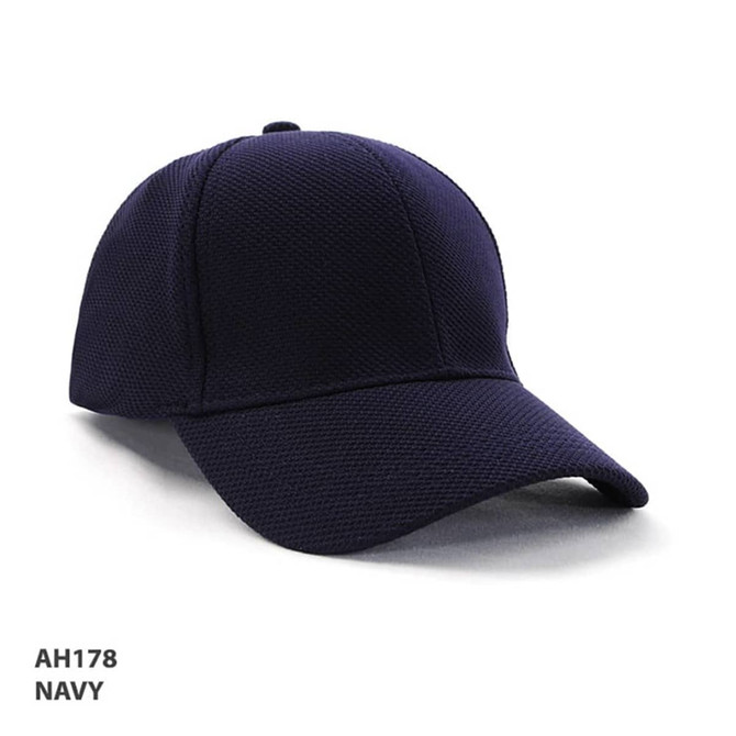 A navy fitted cap with a structured design, featuring a logo on the front and a textured mesh material.
