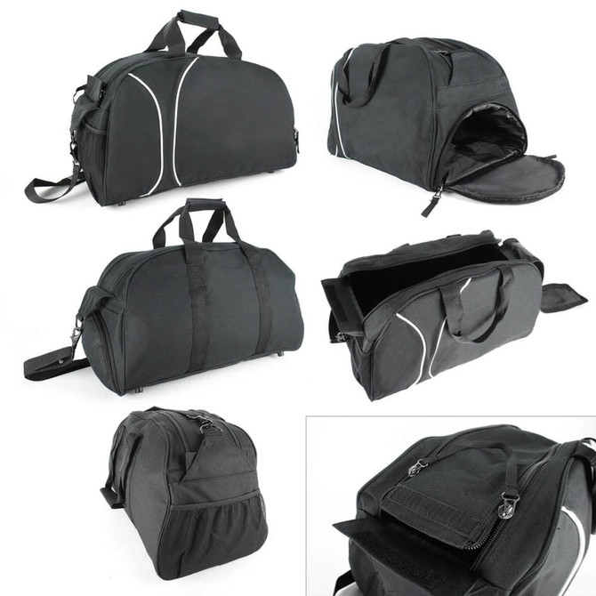 A black casual sports bag with multiple compartments, handles, and a shoulder strap, featuring a logo.