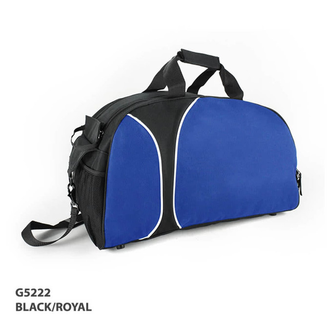 A duffle bag in black and royal blue, featuring a sleek design and adjustable shoulder strap, with a logo.