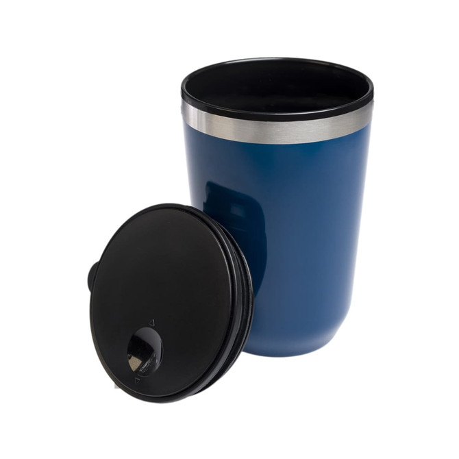 A blue reusable coffee cup with a black lid and a silver band around the top. Features a logo on the cup.