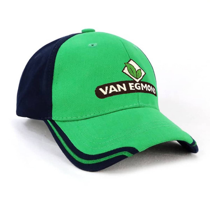A green and navy cap featuring a logo. The cap has a curved brim and sporty design.
