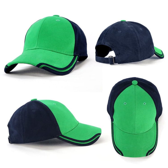 A green and navy cap featuring a logo, showcasing various angles and views of the headwear.