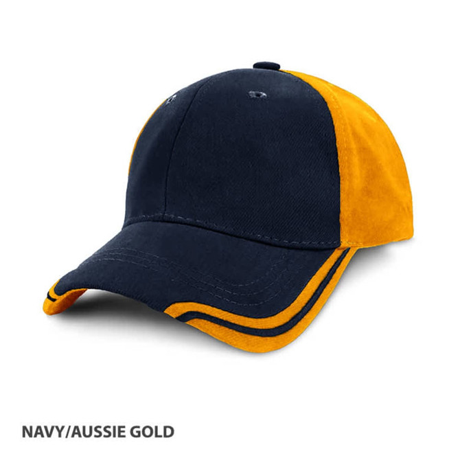 A navy and Aussie gold cap featuring a two-tone design and a logo on the front.