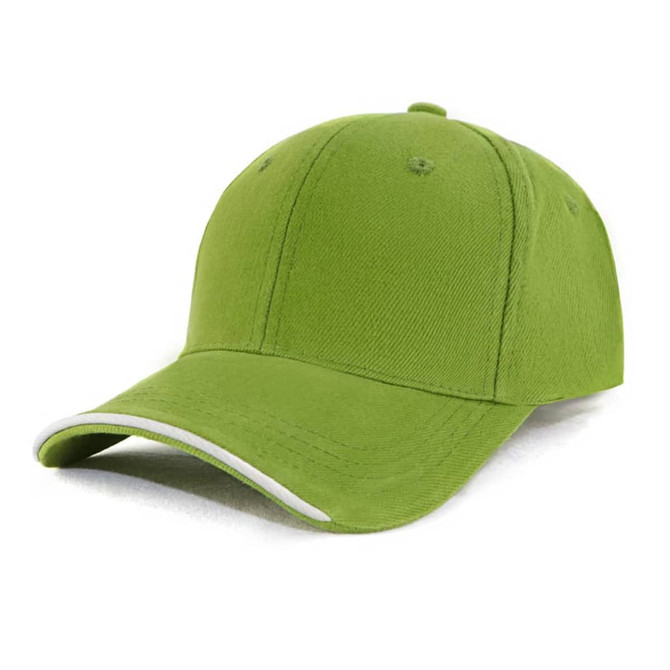A green cap with a curved brim and a logo, featuring a contrasting trim along the edge.