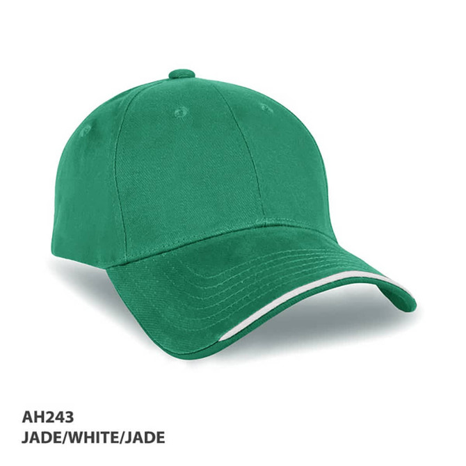 A green cap with white accents and a logo, featuring a curved brim and structured design.