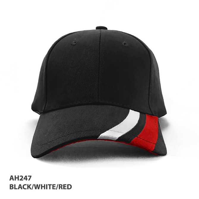 A black cap with red and white accents on the visor and a logo on the side.