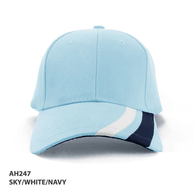 A light blue cap with a navy and white design on the brim, featuring a logo on the front.